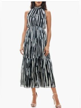 Socialite Mock Neck Halter Midi Dress Abstract Print Tiered Chiffon M